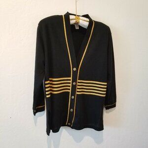 Vintage E.B. Petite Medium Button-Front Cardigan Sweater Black with Gold Stripe